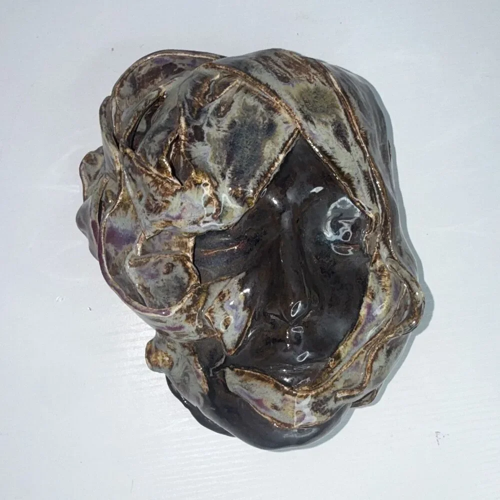 Glazed Ceramic Face Decorative Mask Wall Art - Black Brown Gold Purple